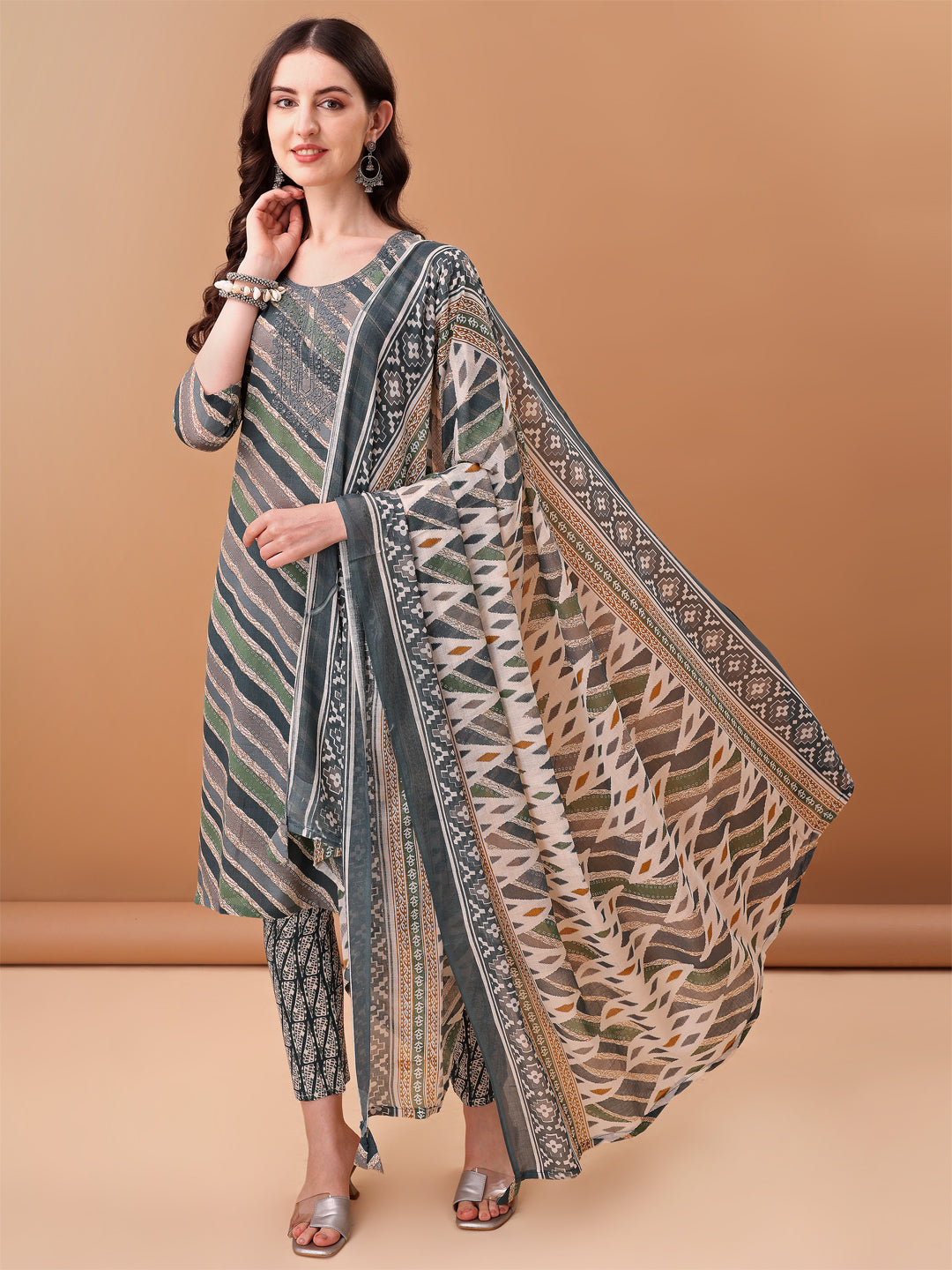 Embroidered & Leheriya Printed Kurta With Pant & Printed Dupatta, Grey - Hiral Fashion