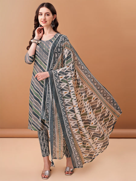 Embroidered & Leheriya Printed Kurta With Pant & Printed Dupatta, Grey - Hiral Fashion