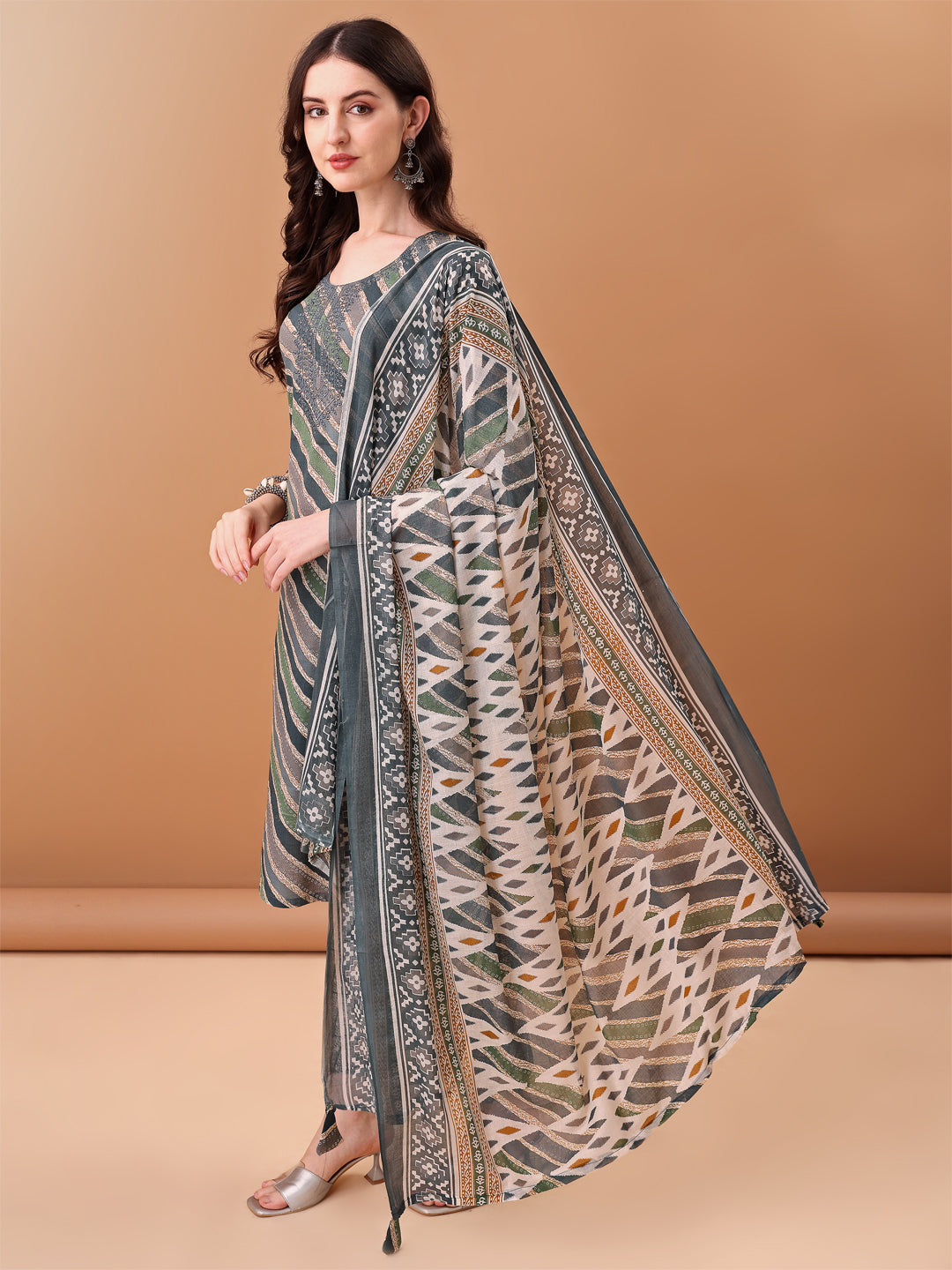 Embroidered & Leheriya Printed Kurta With Pant & Printed Dupatta, Grey - Hiral Fashion