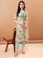 Embroidered & Botanical Printed Kurta With Pant & Printed Dupatta, Blue - Hiral Fashion - Distacart