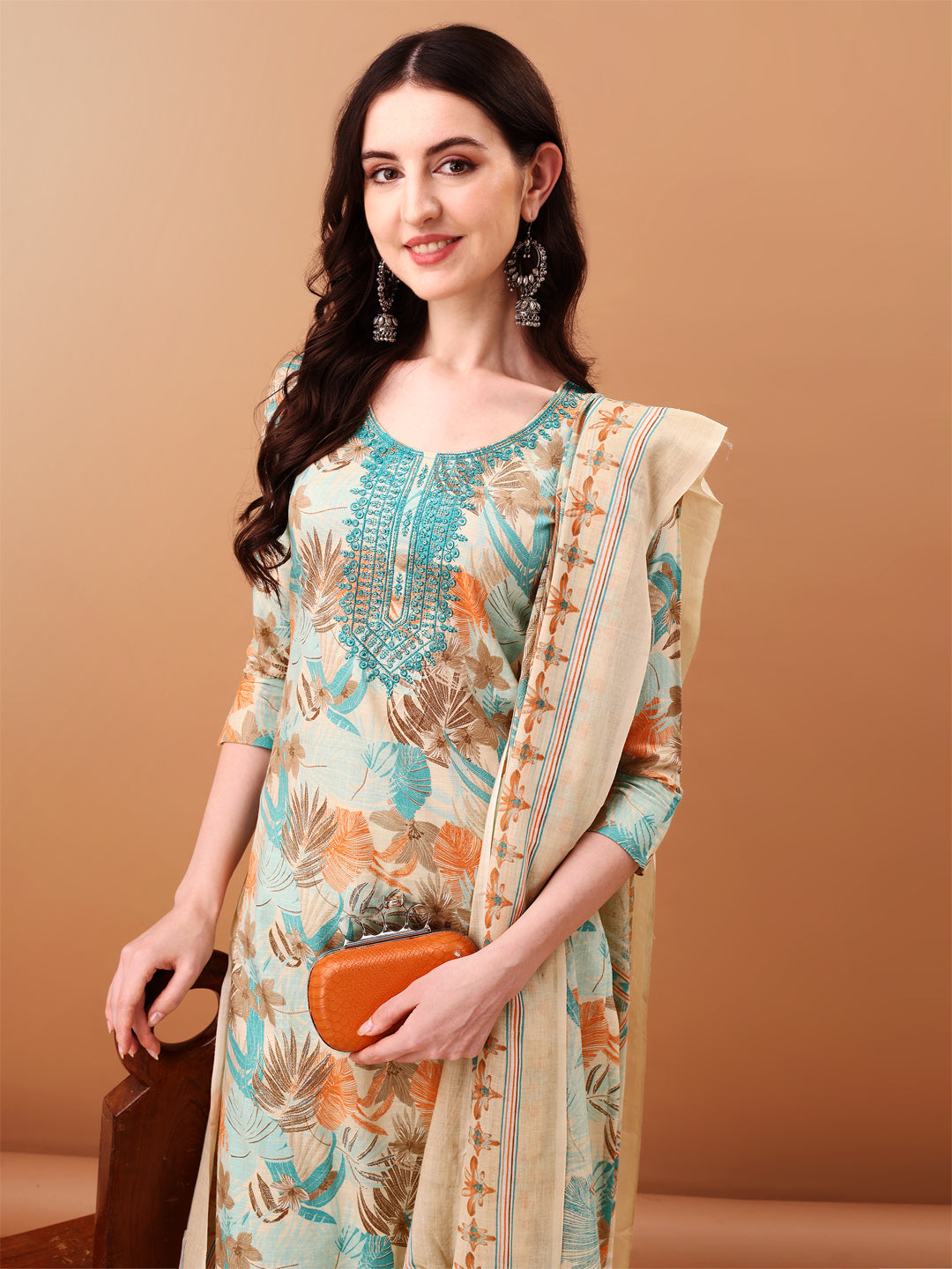 Embroidered & Botanical Printed Kurta With Pant & Printed Dupatta, Blue - Hiral Fashion - Distacart