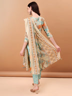 Embroidered & Botanical Printed Kurta With Pant & Printed Dupatta, Blue - Hiral Fashion - Distacart