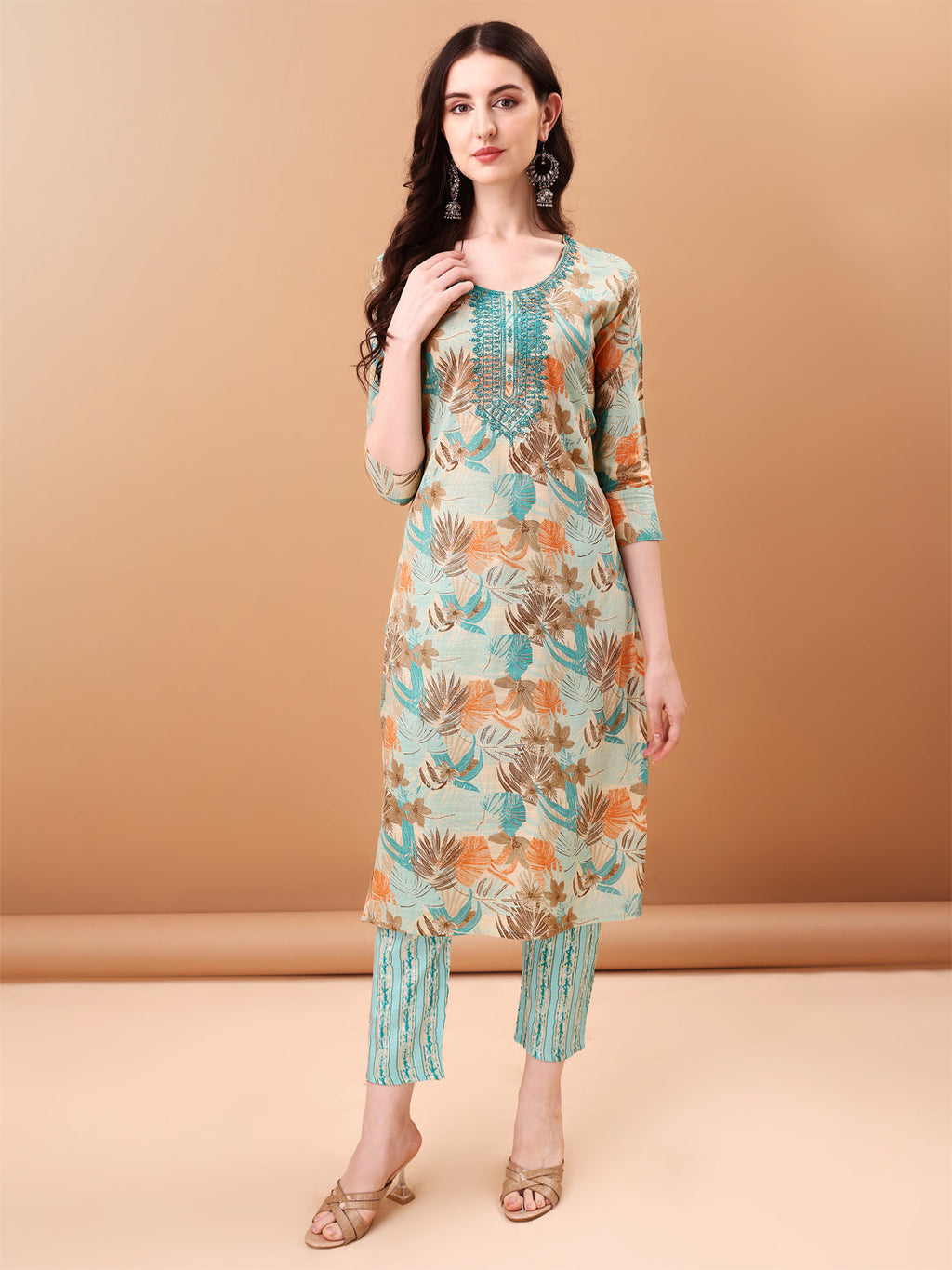 Embroidered & Botanical Printed Kurta With Pant & Printed Dupatta, Blue - Hiral Fashion - Distacart