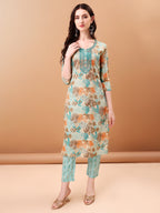 Embroidered & Botanical Printed Kurta With Pant & Printed Dupatta, Blue - Hiral Fashion - Distacart