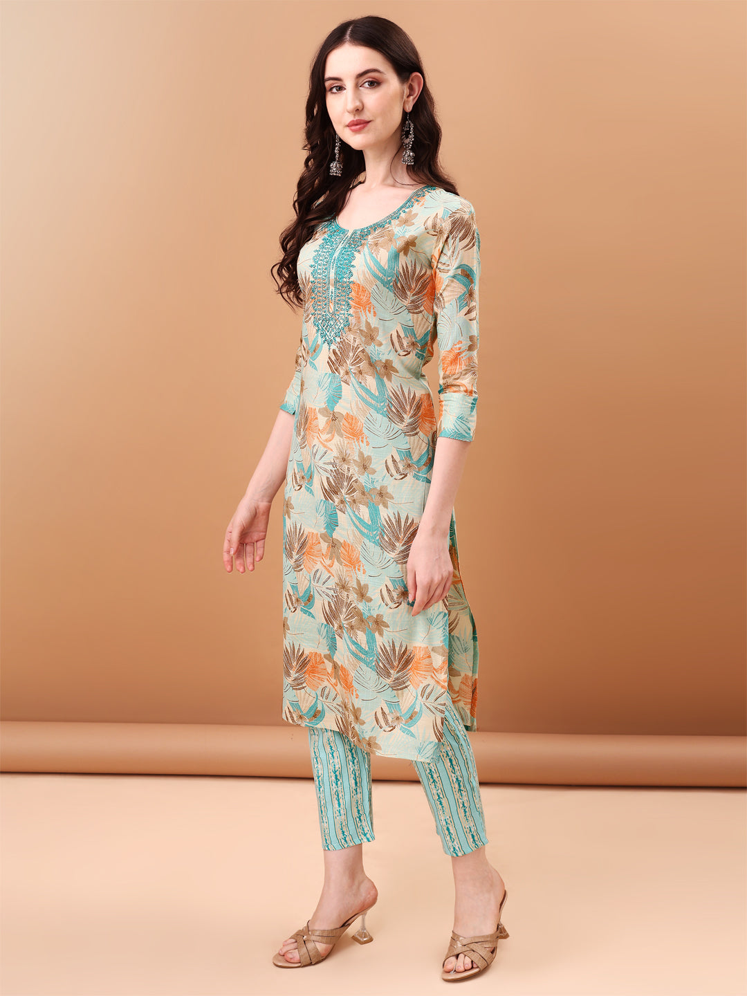 Embroidered & Botanical Printed Kurta With Pant & Printed Dupatta, Blue - Hiral Fashion - Distacart