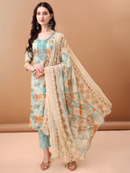 Embroidered & Botanical Printed Kurta With Pant & Printed Dupatta, Blue - Hiral Fashion - Distacart
