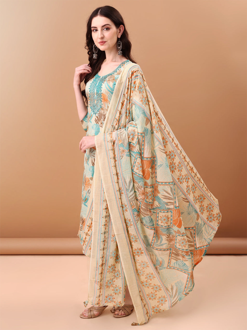 Embroidered & Botanical Printed Kurta With Pant & Printed Dupatta, Blue - Hiral Fashion - Distacart