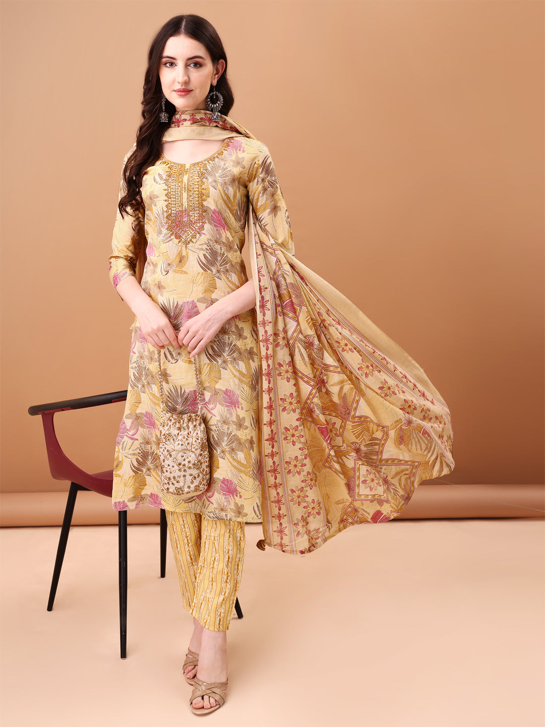 Embroidered & Botanical Printed Kurta With Pant & Printed Dupatta, Yellow - Hiral Fashion
