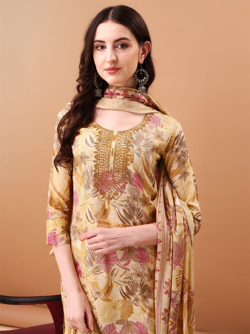 Embroidered & Botanical Printed Kurta With Pant & Printed Dupatta, Yellow - Hiral Fashion