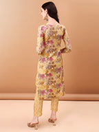 Embroidered & Botanical Printed Kurta With Pant & Printed Dupatta, Yellow - Hiral Fashion