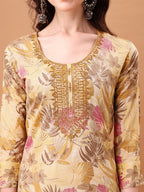 Embroidered & Botanical Printed Kurta With Pant & Printed Dupatta, Yellow - Hiral Fashion
