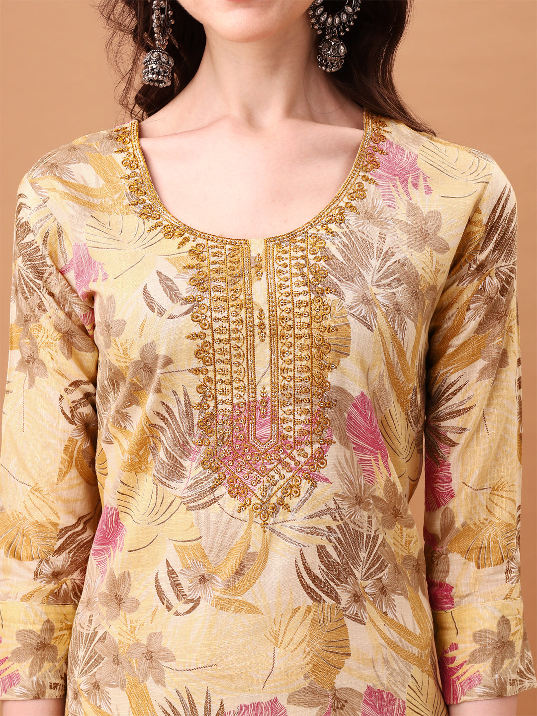 Embroidered & Botanical Printed Kurta With Pant & Printed Dupatta, Yellow - Hiral Fashion