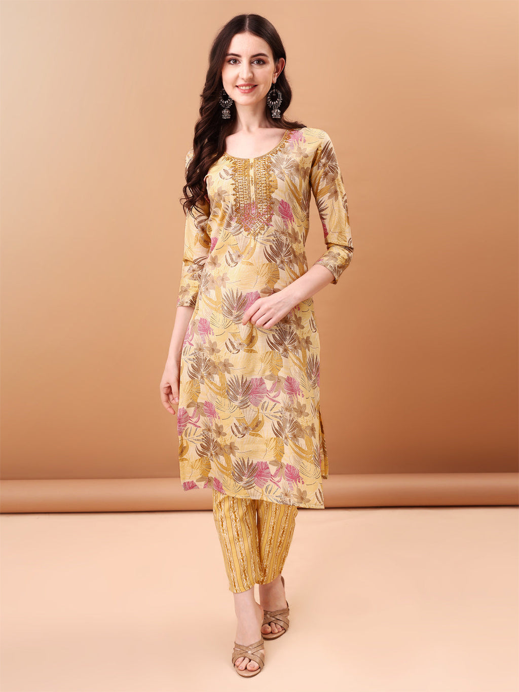 Embroidered & Botanical Printed Kurta With Pant & Printed Dupatta, Yellow - Hiral Fashion