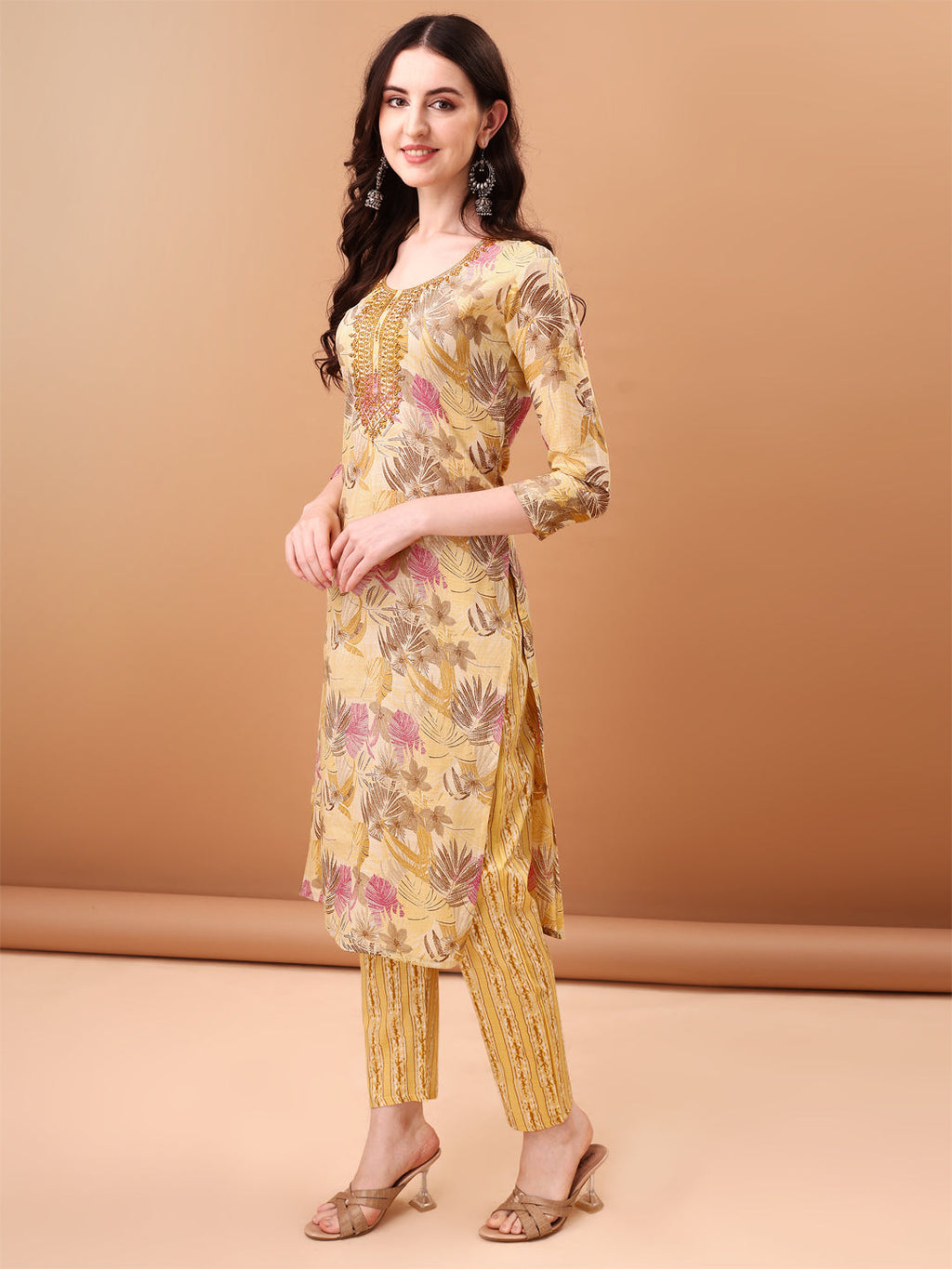 Embroidered & Botanical Printed Kurta With Pant & Printed Dupatta, Yellow - Hiral Fashion