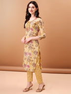 Embroidered & Botanical Printed Kurta With Pant & Printed Dupatta, Yellow - Hiral Fashion