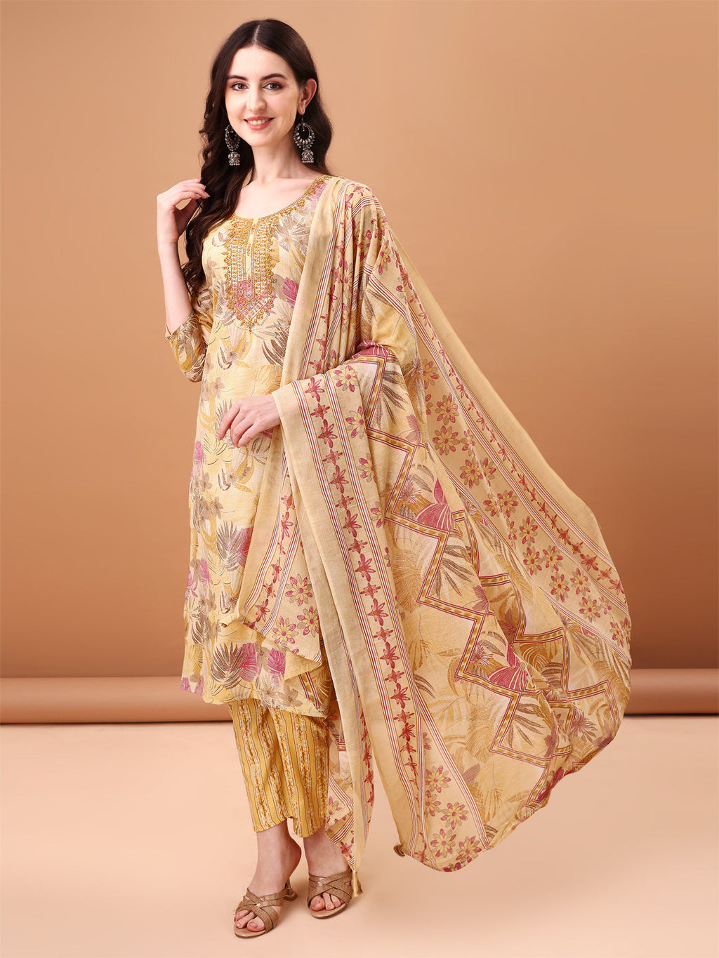 Embroidered & Botanical Printed Kurta With Pant & Printed Dupatta, Yellow - Hiral Fashion