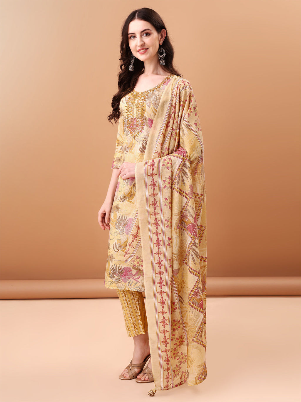 Embroidered & Botanical Printed Kurta With Pant & Printed Dupatta, Yellow - Hiral Fashion