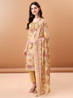 Embroidered & Botanical Printed Kurta With Pant & Printed Dupatta, Yellow - Hiral Fashion
