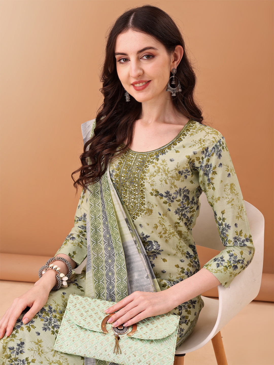Embroidered & Floral Printed Kurta With Pant & Printed Dupatta, Green - Hiral Fashion - Distacart