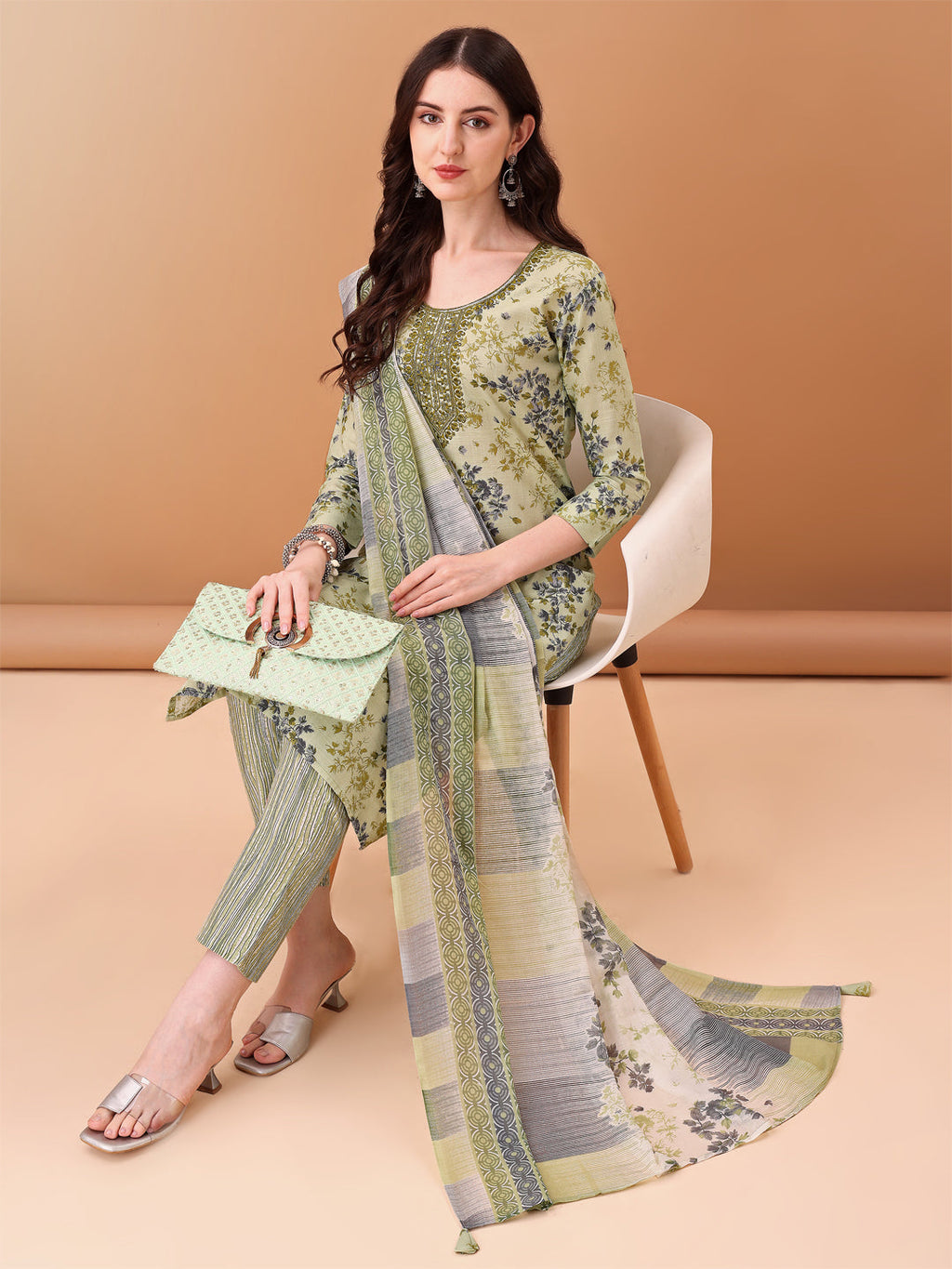 Embroidered & Floral Printed Kurta With Pant & Printed Dupatta, Green - Hiral Fashion - Distacart