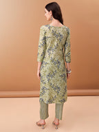 Embroidered & Floral Printed Kurta With Pant & Printed Dupatta, Green - Hiral Fashion - Distacart