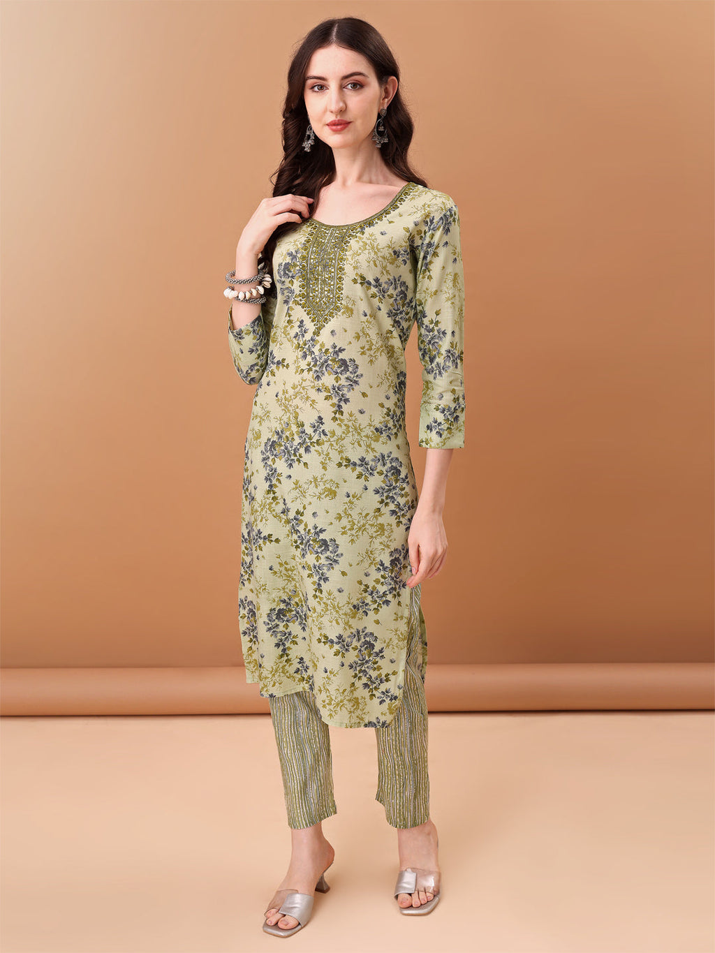 Embroidered & Floral Printed Kurta With Pant & Printed Dupatta, Green - Hiral Fashion - Distacart