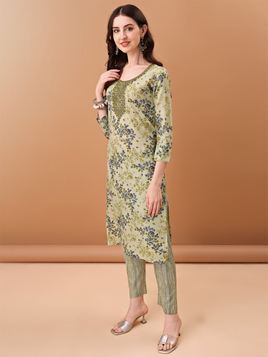 Embroidered & Floral Printed Kurta With Pant & Printed Dupatta, Green - Hiral Fashion - Distacart