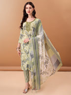 Embroidered & Floral Printed Kurta With Pant & Printed Dupatta, Green - Hiral Fashion - Distacart
