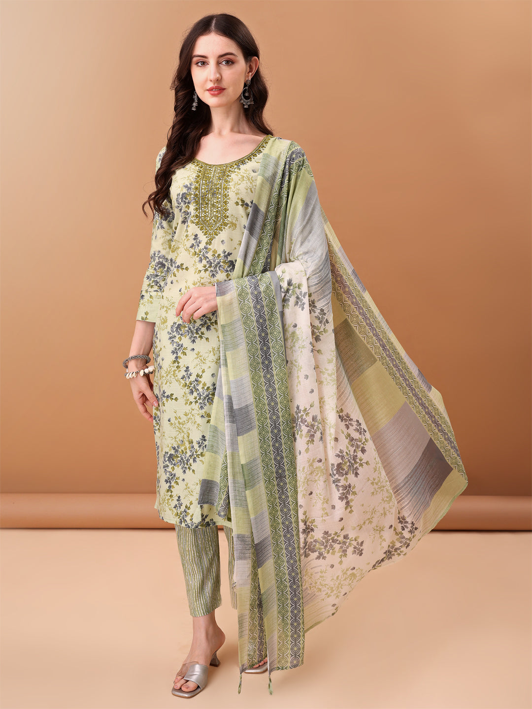 Embroidered & Floral Printed Kurta With Pant & Printed Dupatta, Green - Hiral Fashion - Distacart