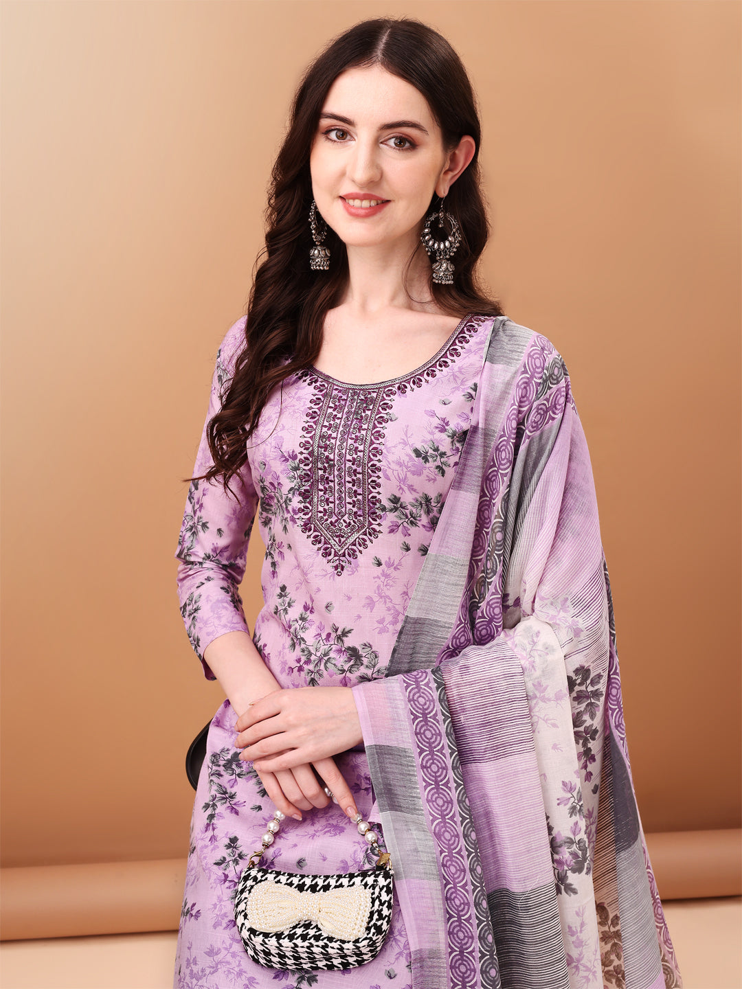 Embroidered & Floral Printed Kurta With Pant & Printed Dupatta, Lavender - Hiral Fashion - Distacart