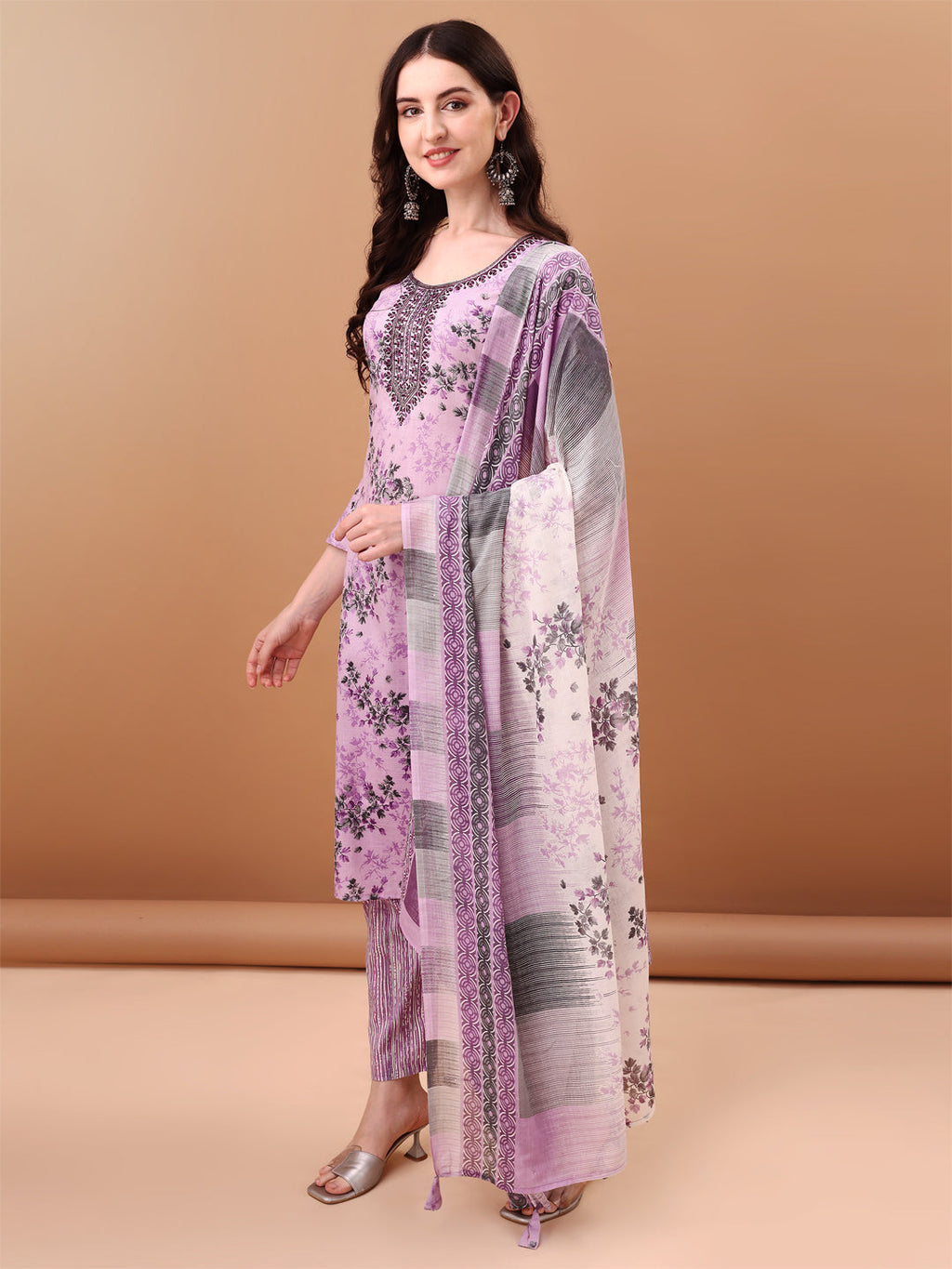 Embroidered & Floral Printed Kurta With Pant & Printed Dupatta, Lavender - Hiral Fashion - Distacart
