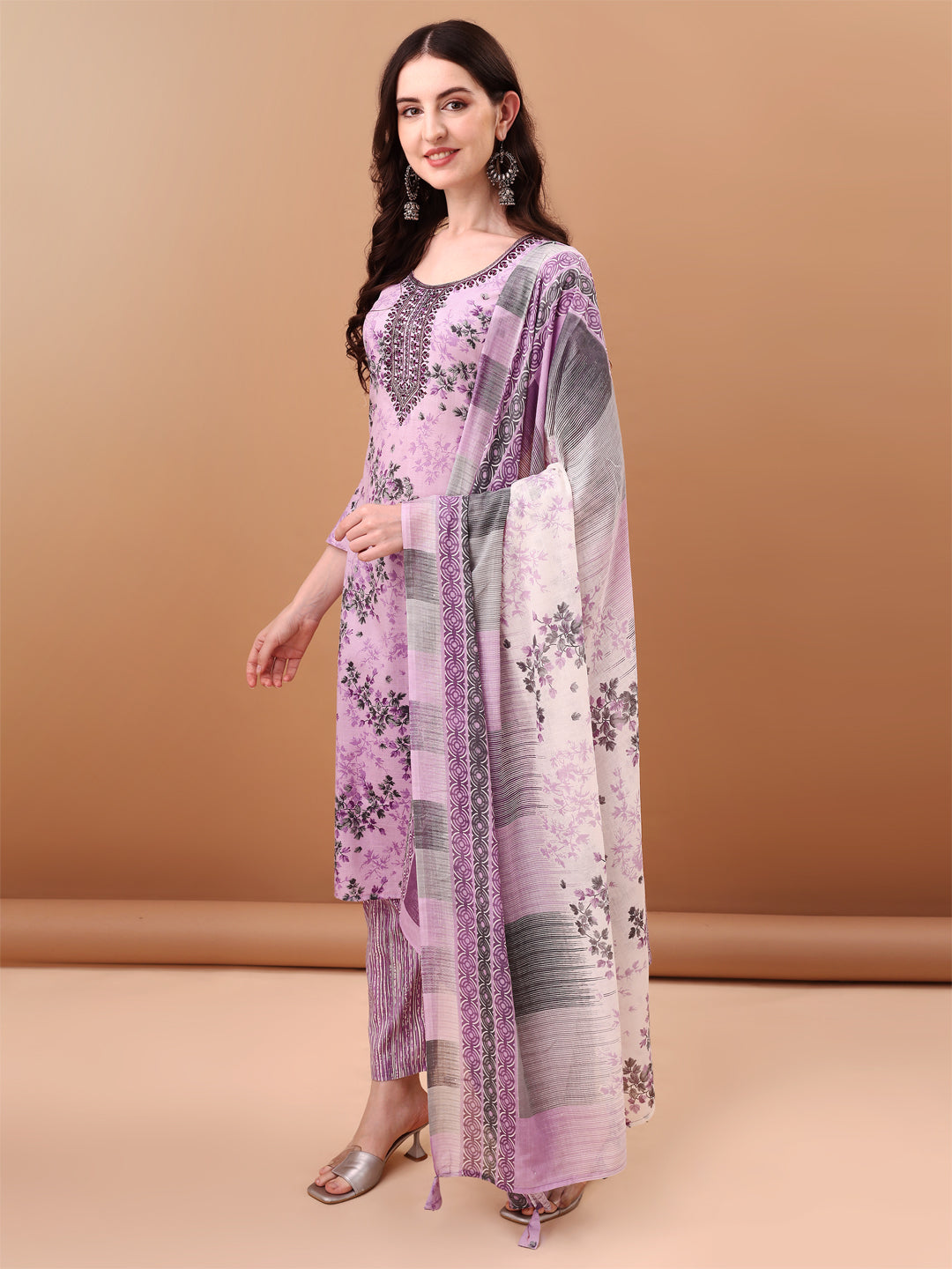 Embroidered & Floral Printed Kurta With Pant & Printed Dupatta, Lavender - Hiral Fashion - Distacart