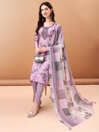 Embroidered & Floral Printed Kurta With Pant & Printed Dupatta, Lavender - Hiral Fashion - Distacart