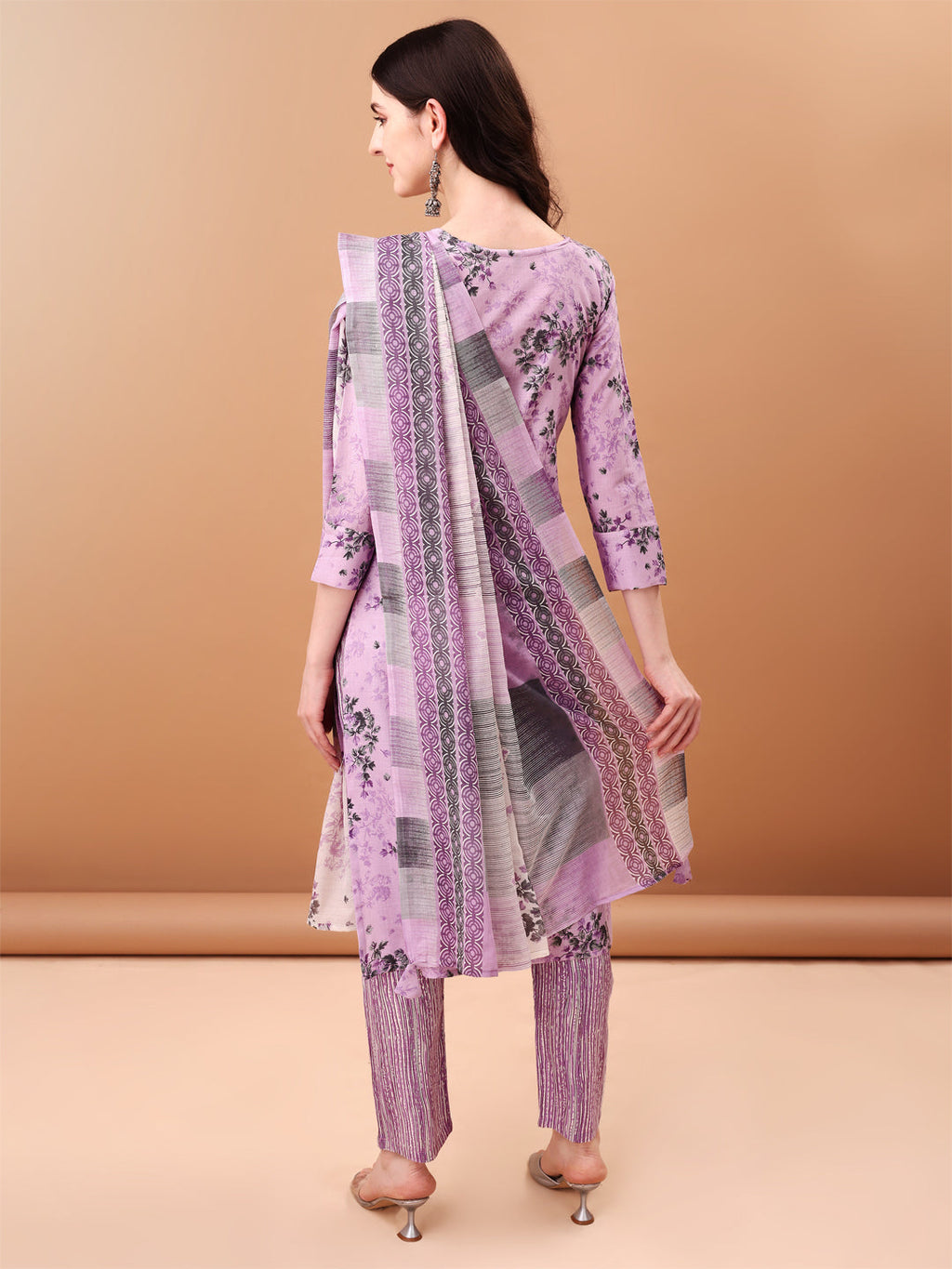 Embroidered & Floral Printed Kurta With Pant & Printed Dupatta, Lavender - Hiral Fashion - Distacart