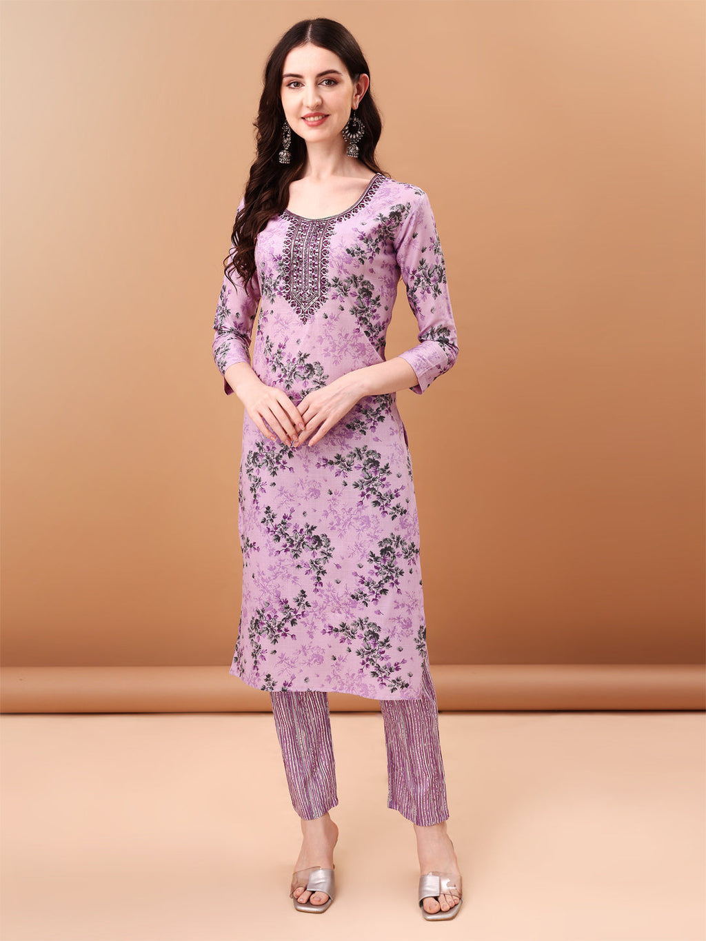 Embroidered & Floral Printed Kurta With Pant & Printed Dupatta, Lavender - Hiral Fashion - Distacart