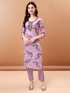 Embroidered & Floral Printed Kurta With Pant & Printed Dupatta, Lavender - Hiral Fashion - Distacart