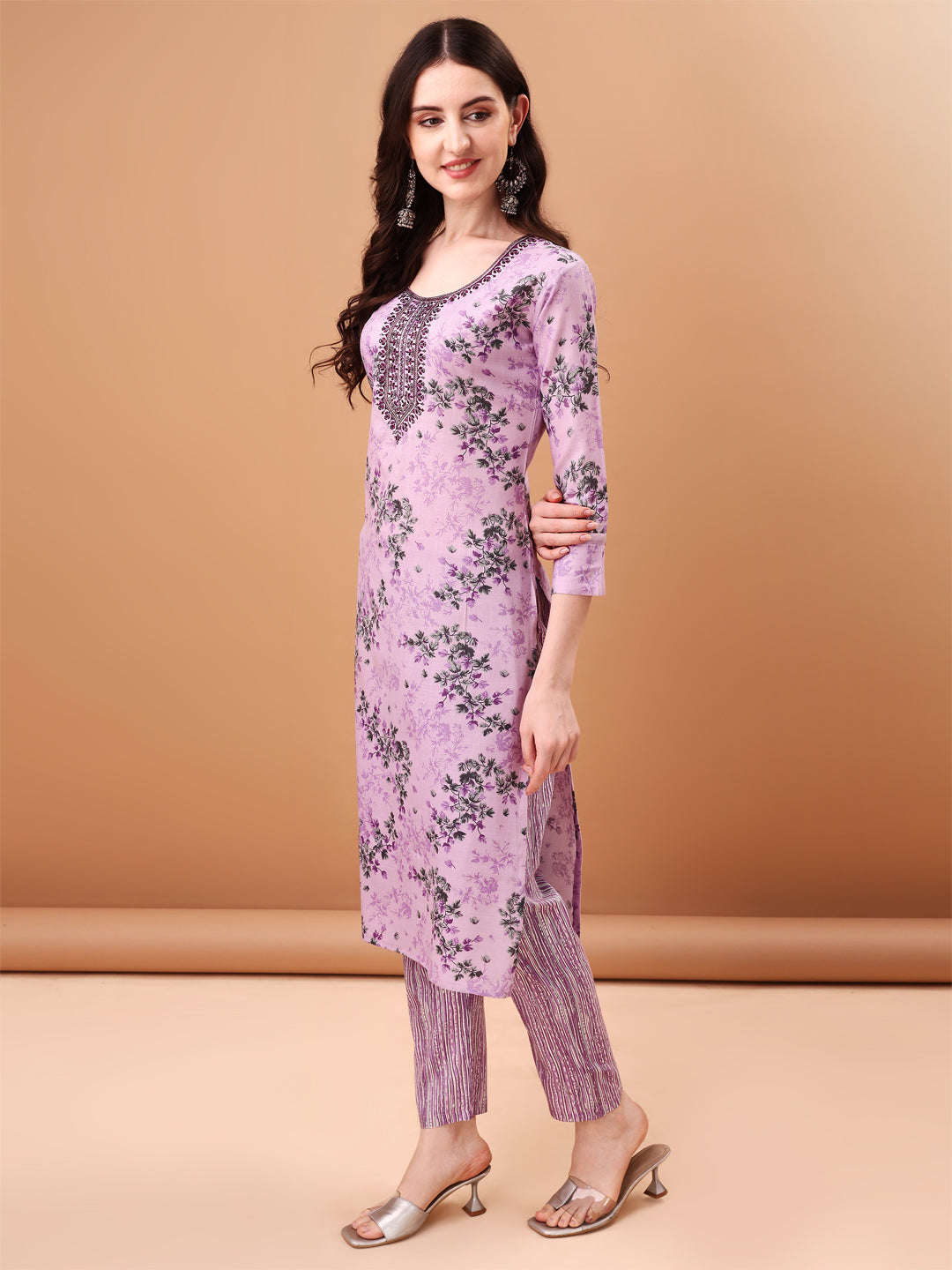 Embroidered & Floral Printed Kurta With Pant & Printed Dupatta, Lavender - Hiral Fashion - Distacart