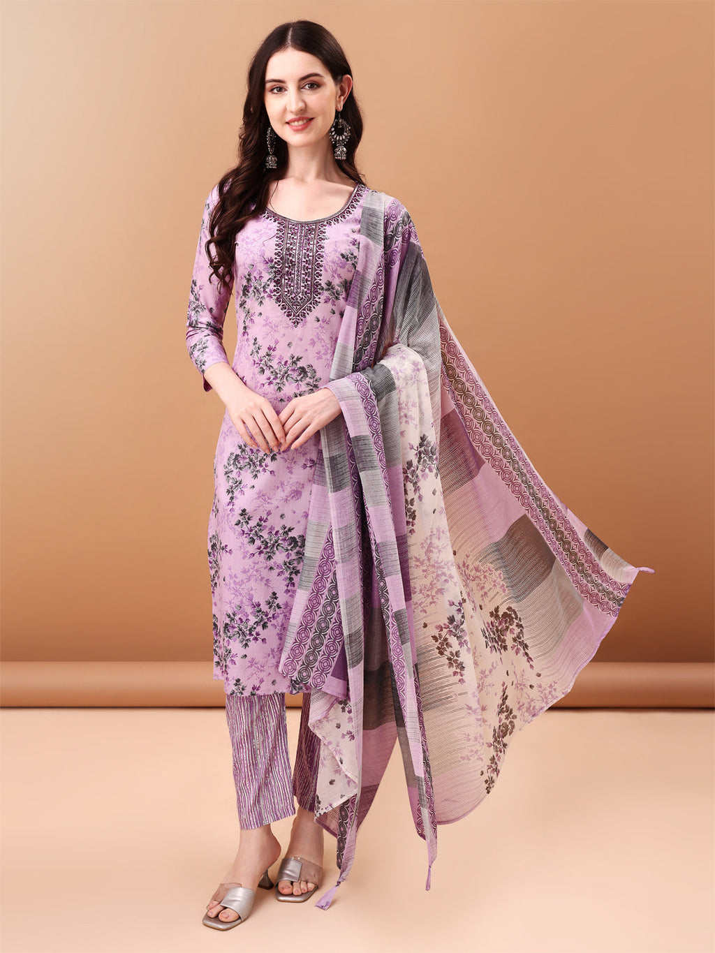 Embroidered & Floral Printed Kurta With Pant & Printed Dupatta, Lavender - Hiral Fashion - Distacart