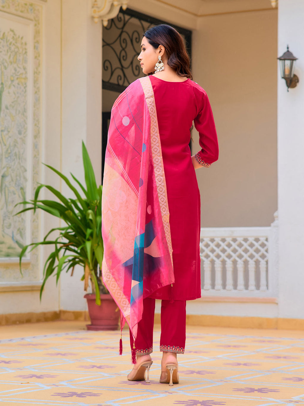 Hand Embroidered Kurta With Pant & Printed Organza Dupatta, Pink - Hiral Fashion - Distacart