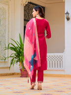 Hand Embroidered Kurta With Pant & Printed Organza Dupatta, Pink - Hiral Fashion - Distacart