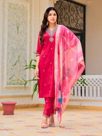 Hand Embroidered Kurta With Pant & Printed Organza Dupatta, Pink - Hiral Fashion - Distacart