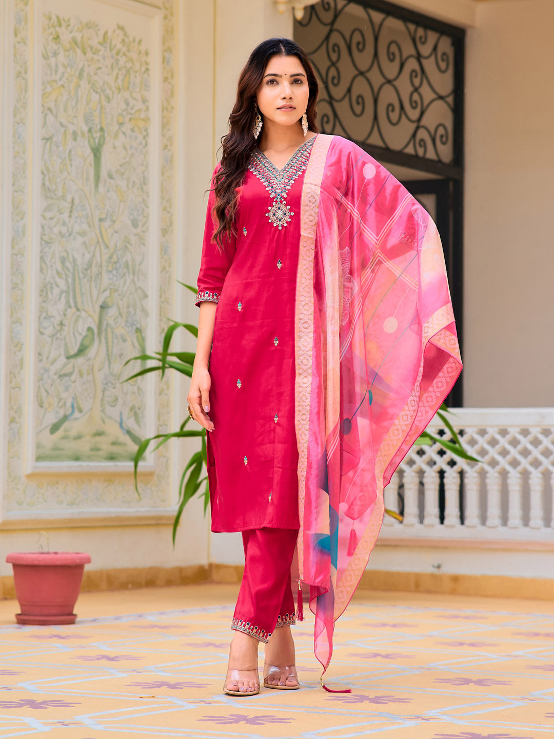 Hand Embroidered Kurta With Pant & Printed Organza Dupatta, Pink - Hiral Fashion - Distacart