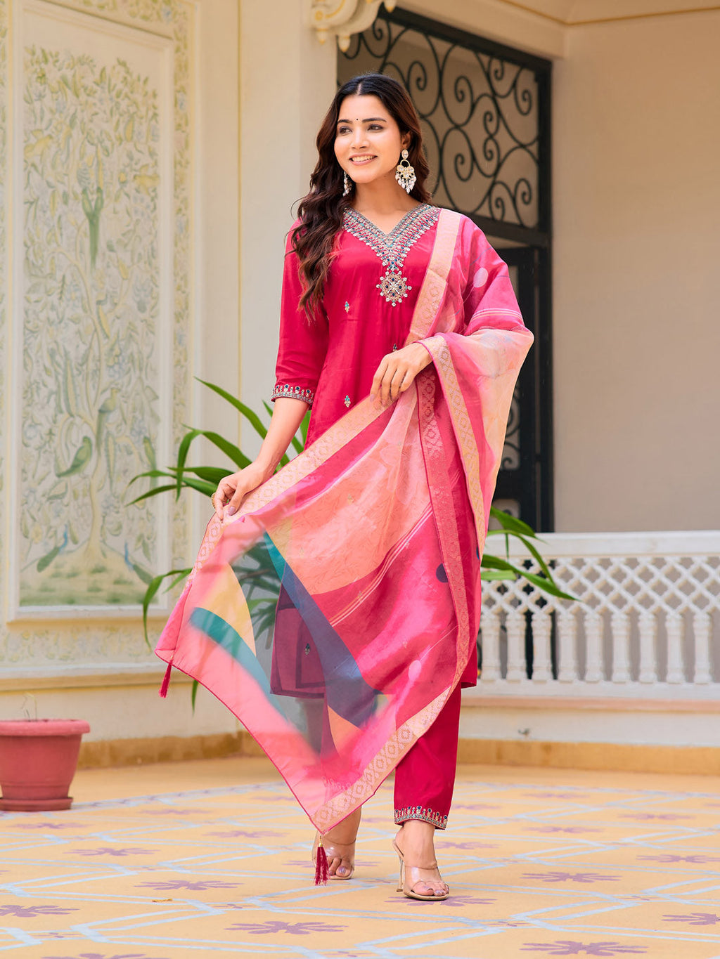 Hand Embroidered Kurta With Pant & Printed Organza Dupatta, Pink - Hiral Fashion - Distacart