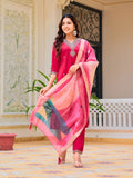 Hand Embroidered Kurta With Pant & Printed Organza Dupatta, Pink - Hiral Fashion - Distacart