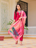 Hand Embroidered Kurta With Pant & Printed Organza Dupatta, Pink - Hiral Fashion - Distacart