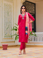Hand Embroidered Kurta With Pant & Printed Organza Dupatta, Pink - Hiral Fashion - Distacart