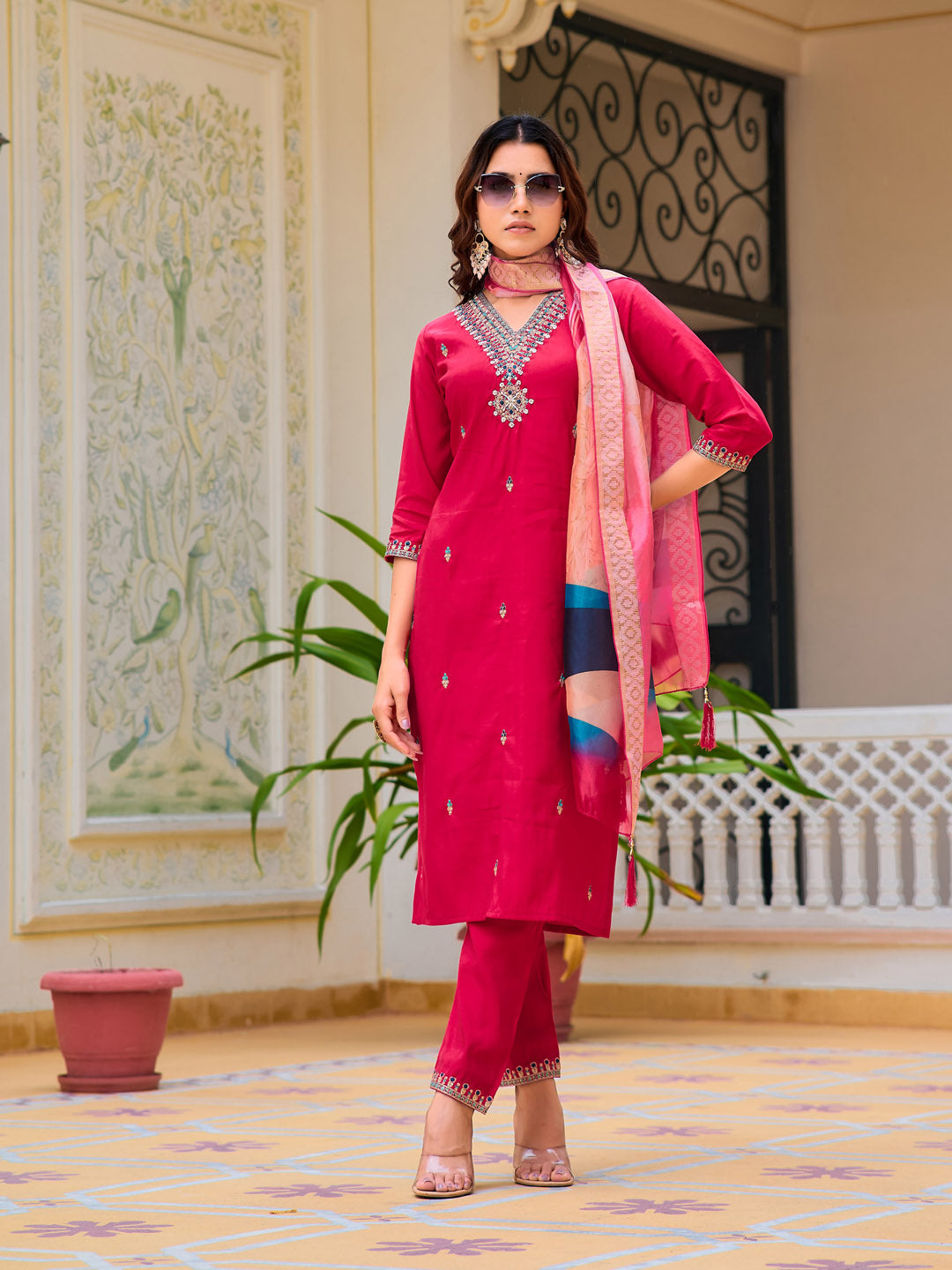 Hand Embroidered Kurta With Pant & Printed Organza Dupatta, Pink - Hiral Fashion - Distacart