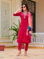 Hand Embroidered Kurta With Pant & Printed Organza Dupatta, Pink - Hiral Fashion - Distacart