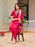 Hand Embroidered Kurta With Pant & Printed Organza Dupatta, Pink - Hiral Fashion - Distacart
