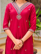 Hand Embroidered Kurta With Pant & Printed Organza Dupatta, Pink - Hiral Fashion - Distacart